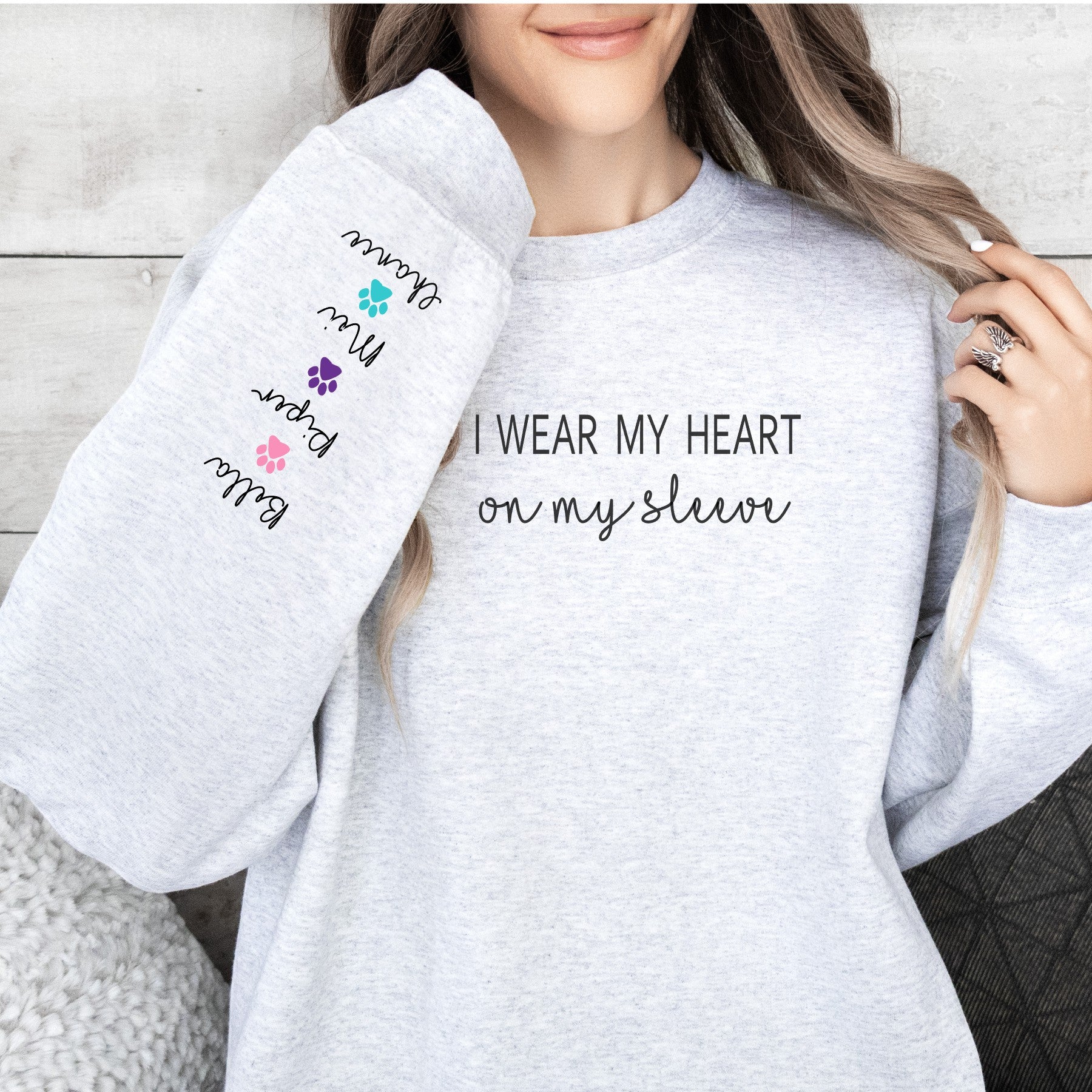 PERSONALIZE -Heart On My Sleeve Sweatshirt (Available in several colors can change paws to hearts)