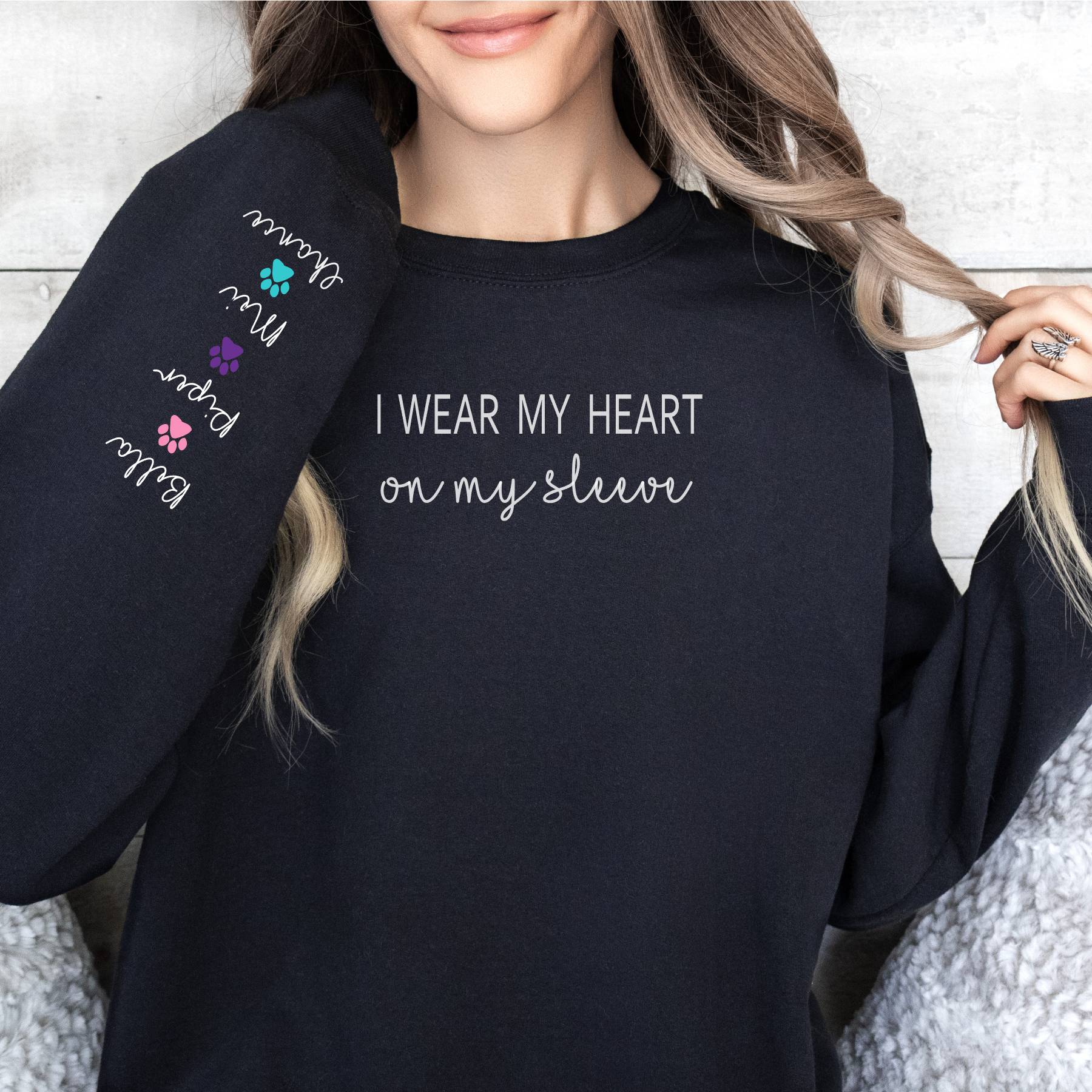 PERSONALIZE -Heart On My Sleeve Sweatshirt (Available in several colors can change paws to hearts)