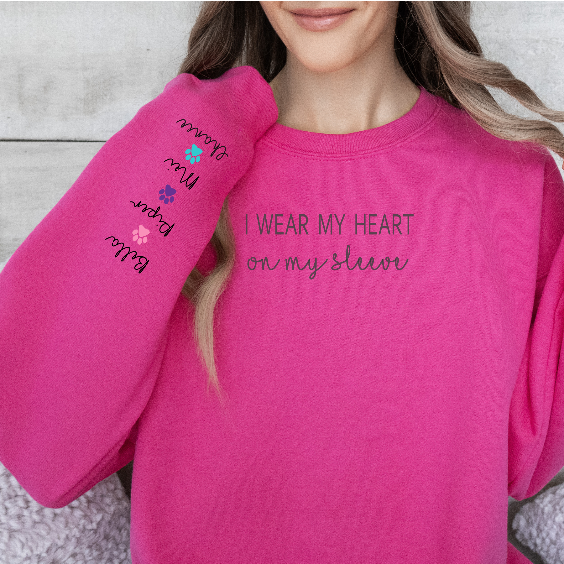 PERSONALIZE -Heart On My Sleeve Sweatshirt (Available in several colors can change paws to hearts)