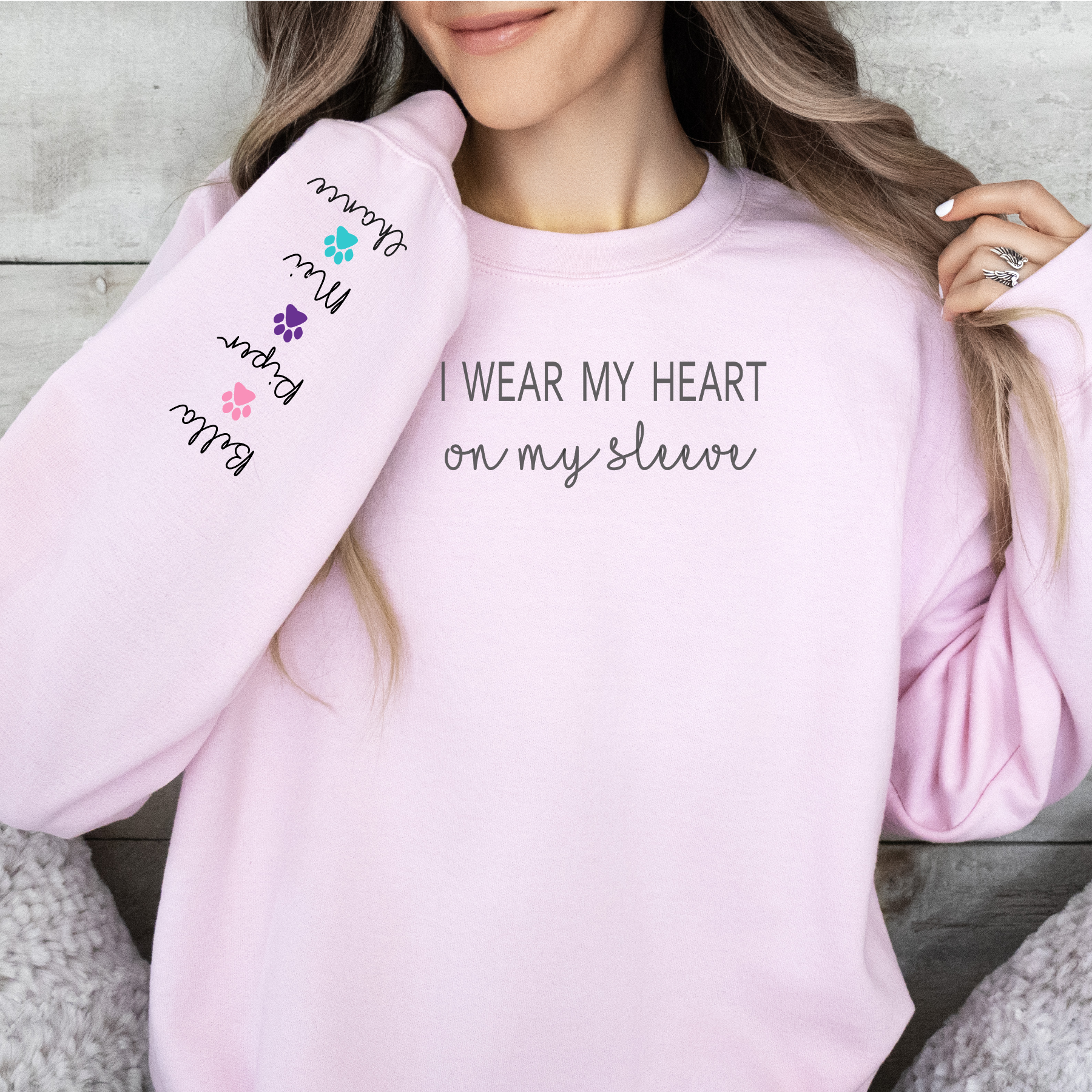 PERSONALIZE -Heart On My Sleeve Sweatshirt (Available in several colors can change paws to hearts)