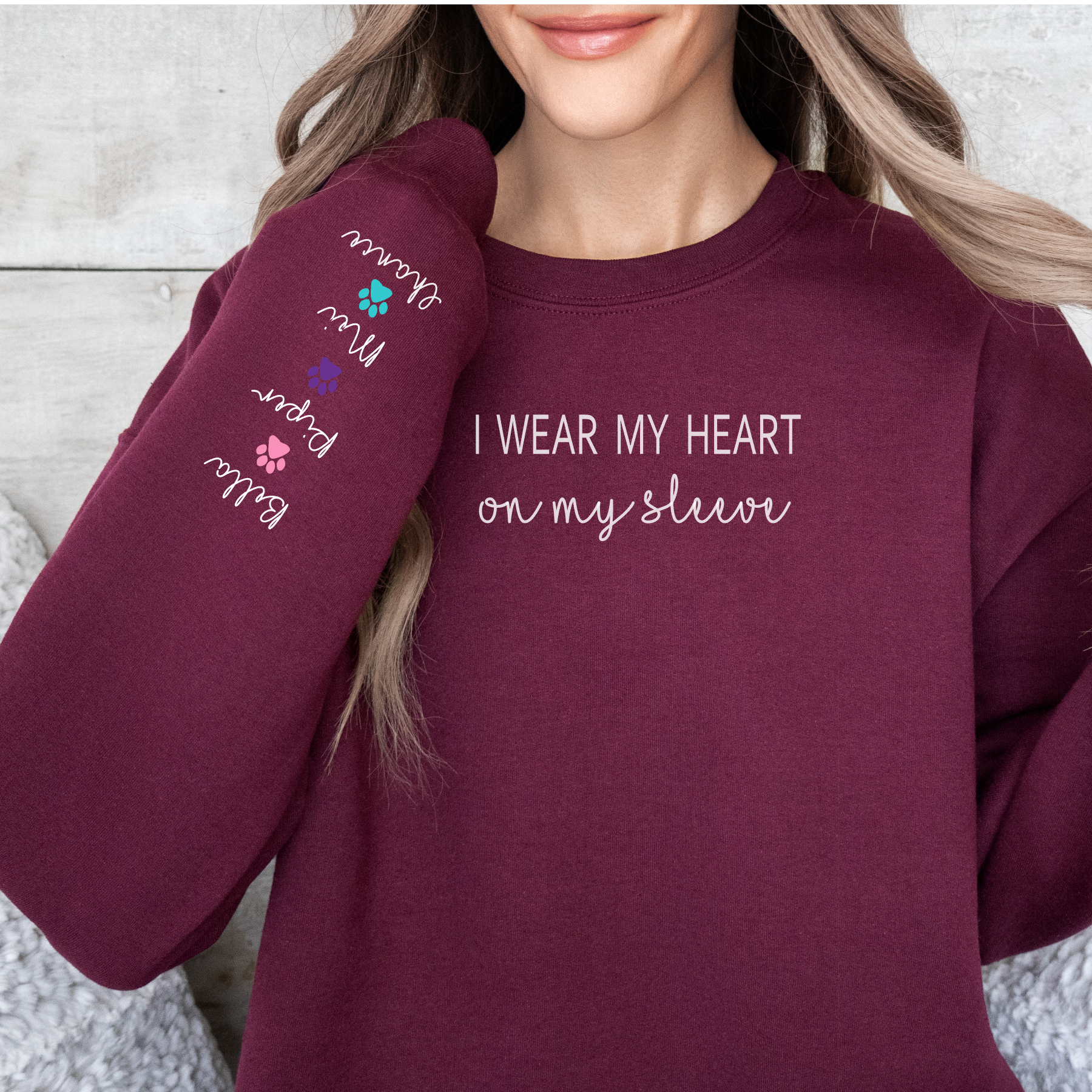 PERSONALIZE -Heart On My Sleeve Sweatshirt (Available in several colors can change paws to hearts)