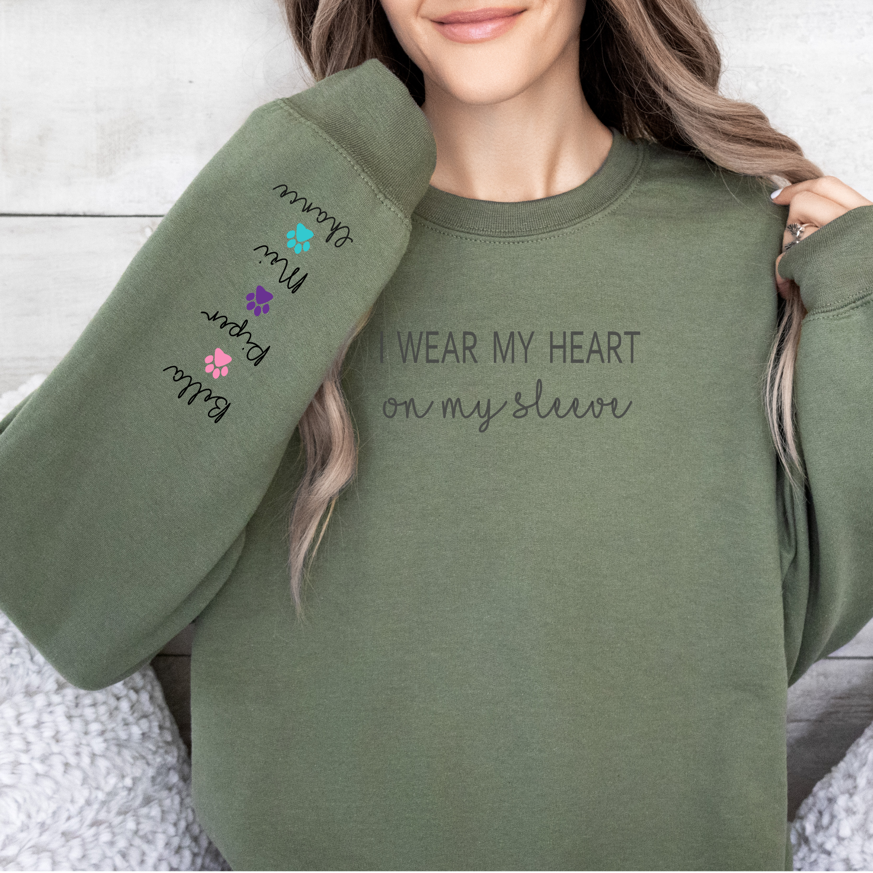 PERSONALIZE -Heart On My Sleeve Sweatshirt (Available in several colors can change paws to hearts)