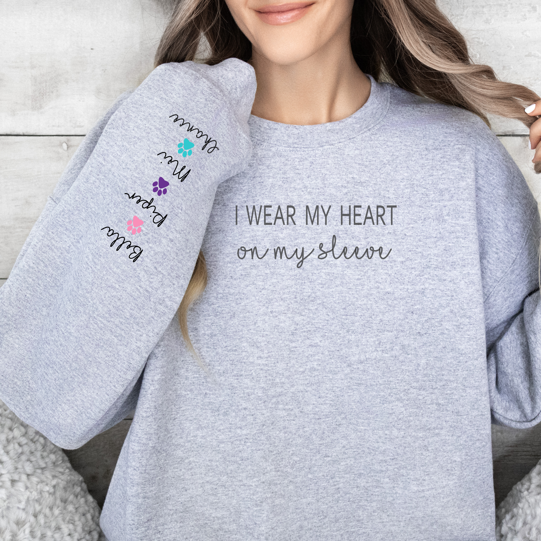 PERSONALIZE -Heart On My Sleeve Sweatshirt (Available in several colors can change paws to hearts)