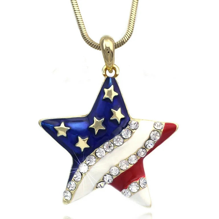 Sparkling Patriotic Pendant Necklace – Star or Heart Design