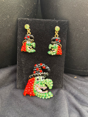 Green Witch Earrings & Brooch Set – Swarovski Crystal Rhinestones | Halloween Collection