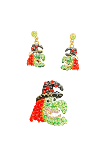 Green Witch Earrings & Brooch Set – Swarovski Crystal Rhinestones | Halloween Collection